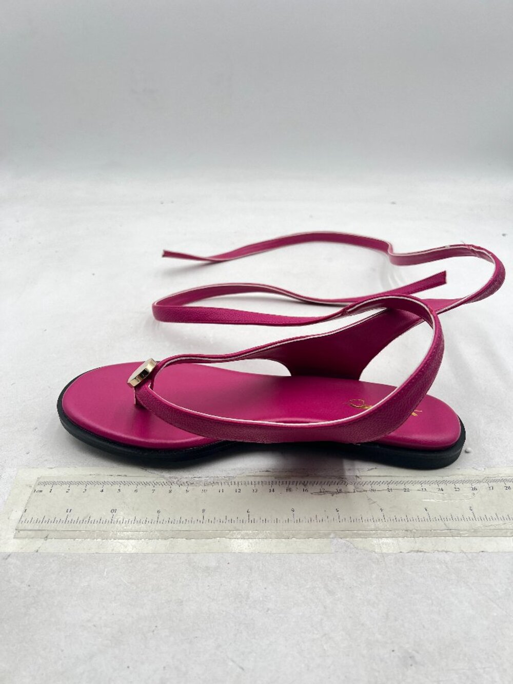 XYD Hot Pink Open Toe Metal Gold Hardware Flip Flops Ankle Wrap Lace-up Flat